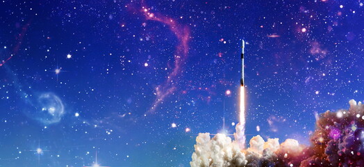 Wall Mural - shuttle launch in the clouds to outer space. dark space with stars on background.spaceship flight. e