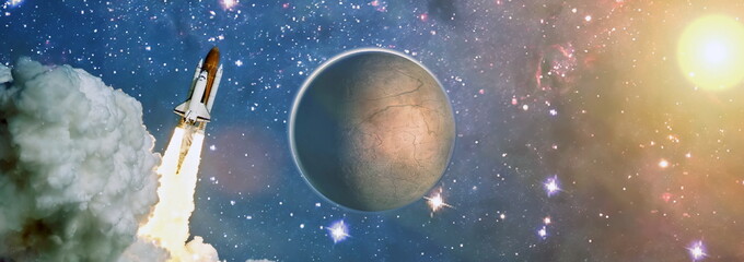 Wall Mural - shuttle launch in the clouds to outer space. dark space with stars on background.spaceship flight. e