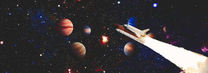 Wall Mural - spaceship in deep space. dark space with stars on background. elements of this image furnished by na