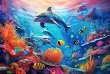 Dolphins With Group Of Colorful Fish And Sea Animals Natural