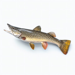 Wall Mural - Northern pike fish on white background. 3D illustration digital art design, generative AI