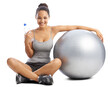© Suresh Heyt/peopleimages.com - Exercise, ball and portrait of happy woman on the floor for water break on isolated, transparent and png background. Face, smile and female personal trainer with inflatable for training or workout