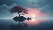 © TensorSpark - Concept of calmness, a surreal image of a serene lake, with a lone tree standing against the backdrop of a radiant sun, evoking feelings of peace, solitude, and oneness with nature. Generative AI
