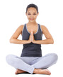 Happy woman, portrait and yoga for zen meditation or spiritual wellness isolated on a transparent PNG background. Female person yogi relaxing in namaste pose for meditating, workout or body fitness