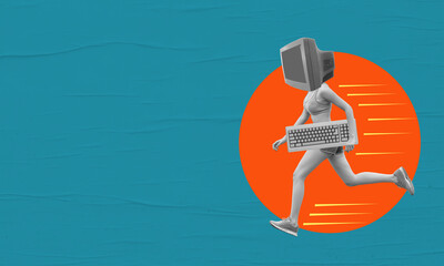 Art collage, runner with a monitor instead of the head, holding keyboard on blue background with copy space.