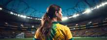 Young Woman Soccer Player Wearing In Colors Vivid Soccer Uniform Of Australia On Backdrop Lively Soccer Stadium. Womens World Cup 2023. Banner.Generative Ai Content