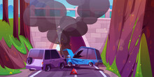 Car Crash On Highway To Tunnel Cartoon Vector Illustration. Road Traffic With Broken And Damage Vehicle Near Hill And Underground Path Arch. Day Trip And Collision On Mountain Motorway Landscape