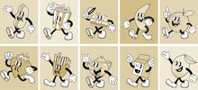 Set Of Vintage Funny Cartoon Fastfood Mascots Flat Characters Vector Illustration