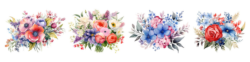  Watercolor floral bouquet illustration set - Pink, Blue, Yellow Florals, Green Leaves, and Branches. Perfect for Wedding, Greeting Cards, Wallpaper Designs, Fashion, and background. Generative AI