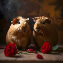 Valentine's Day Guinea Pig Couple With Roses (generative AI)