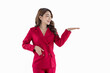 © David - Beautiful cute face young asian girl in red suit jacket, confident happy smile posing her empty hands with blank space in cheerful manner for advertising use, shot isolated on white background.