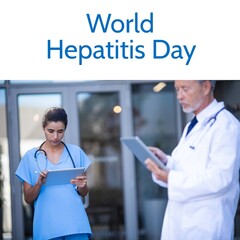 Wall Mural - Composition of world hepatitis day text over caucasian doctors