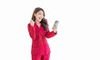 © David - Happy Asian woman in in red suit jacket holding a smartphone and winning the prize. standing over isolated on light white background.