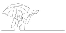 Woman And Autumn Rain Umbrella One Line Drawing Vector Illustration