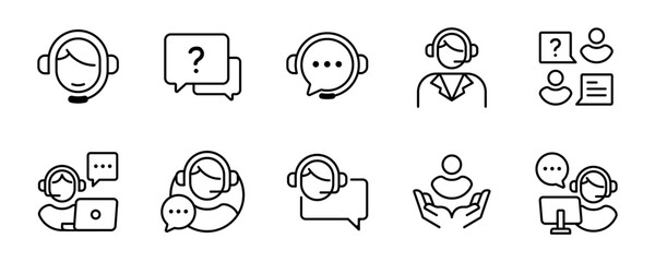 Poster - set of online support assistance icon collection vector customers service agent helping technical solution client symbol outline illustration