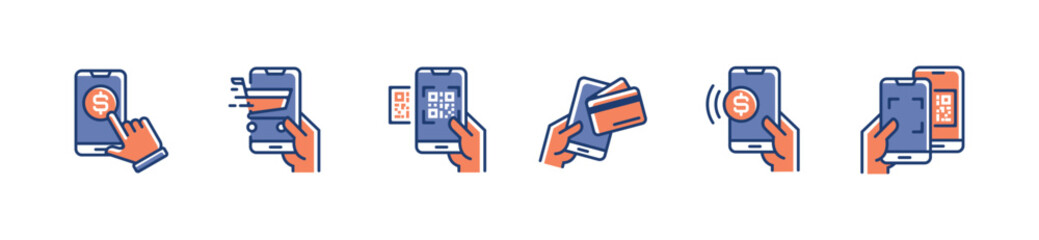Poster - mobile payment icon set vector smartphone scan qr code for payment online shopping symbol illustration for web and app