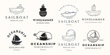 Set Of Sailboat Transportation Logo Line Art Vintage Vector Illustration Concept Template Icon Design, Collection Of Ocean Ship With Sea Landscape Outdoor View Concept Vector Illustration Logo Design
