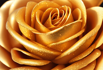 Gold rosebud with gold dusted particles close-up with shiny glow, gold flower