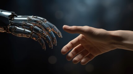 The human hands touch the robot's metallic hand. Concept of harmonious coexistence of humans and AI technology,