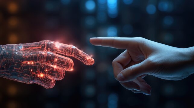 The human finger delicately touches the finger of a robot's metallic finger. Concept of harmonious coexistence of humans and AI technology,