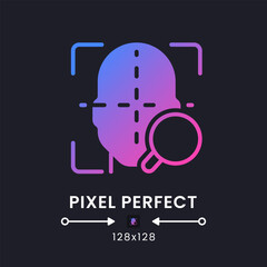 Sticker - Facial coding purple solid gradient desktop icon on black. Face recognition. Measuring human emotions. Pixel perfect 128x128, outline 4px. Glyph pictogram for dark mode. Isolated vector image