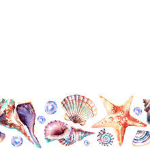 Seamless Border Made Of Bubbles, Shells And Starfish. Watercolor Illustration On An Isolated Background. Sea Pearls. The Bottom Of The Ocean.
