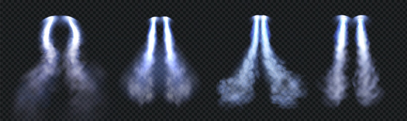 Wall Mural - jetpack smoke cloud trail with blue fire vector effect. rocket speed contrail in sky air 3d realisti