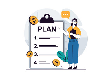 Wall Mural - Business making concept with people scene in flat design for web. Woman showing checklist tablet with tasks for project development. Illustration for social media banner, marketing material.