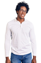 Sticker - Handsome african american man with afro hair wearing casual clothes and glasses winking looking at the camera with sexy expression, cheerful and happy face.