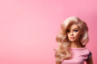 Sexy blond plastic Female in trendy pink stylish outfit and background isolated on pink background, copy space. Beautiful trendy doll face for girls