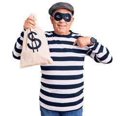 Canvas Print - Senior handsome man wearing burglar mask holding money bag pointing finger to one self smiling happy and proud