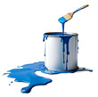 Paint can with brush dripping blue paint, isolated, AI generated