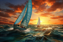 Beautiful Sailboat Sailing Om Sunset, Racing Sail Boat, Ships Race  In The Ocean Waves, Travel And Tourism At Sea, AI Generative.