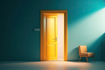 Slightly open yellow door in empty blue room with chair, created with Generative AI.