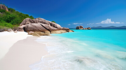 Wall Mural - Exotic sand beach with big rocks on tropical island in summer