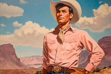 Cowboy Wearing Pink Western Shirt With Desert Rocky Vista Vintage Americana Painting Made With Generative Ai