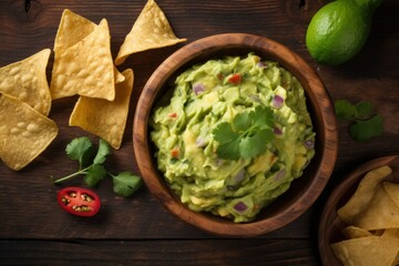 Guacamole bowl lime chips food. Generate Ai