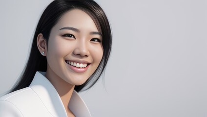 Wall Mural - Portrait beautiful Asian model young woman with white teeth smile, healthy long hair and beauty skin on grey background. Concept of advertising a dentist and facial care. Generative AI