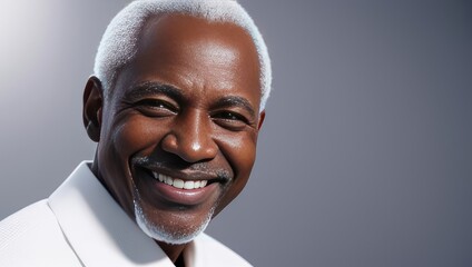 Wall Mural - Portrait beautiful black skin model old man with white teeth smile on grey background. Generative AI