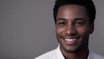 Wall Mural - Portrait beautiful black skin young man with white teeth smile, healthy long hair and beauty skin on grey background. Generative AI