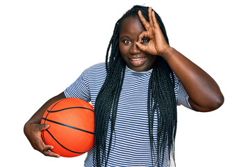 Poster - Young black woman with braids holding basketball ball smiling happy doing ok sign with hand on eye looking through fingers