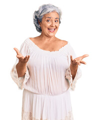 Poster - Senior woman with gray hair wearing bohemian style smiling cheerful with open arms as friendly welcome, positive and confident greetings