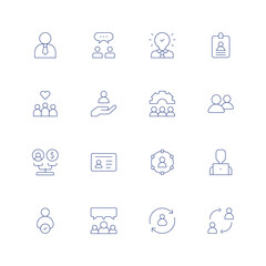 User line icon set on transparent background with editable stroke. Containing investor, internal, idea, id card, happy client, hand, gear, friends, equality, driver license, diagram, developer.
