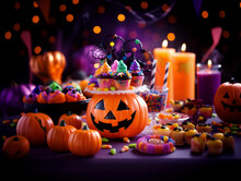 Trick Or Treat Party And Pumpkin Jack-O-Lantern Surrounded By Halloween Decor