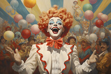 Happy Female Clown In Crowd Vintage Circus Painting Made With Generative Ai