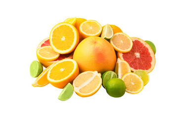 Wall Mural - Citrus fruits (orange, lemon, grapefruit, lime) isolated on transparent background. Summer concept. Set of tropical fruits