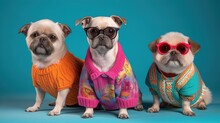 Fashionable Animals In Glasses. Pug In Beautiful Clothes. Glamor Fashionable Dog Pug In A Clothes And Glasses. Designer Clothes For Dogs. Generative Ai.