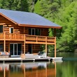 181 A tranquil lakeside retreat with charming wooden cabins, private boat docks, and panoramic views of the serene water, offering a peaceful escape from the bustle of everyday life1, Generative AI