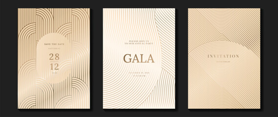 Wall Mural - Luxury invitation card background vector. Golden curve elegant, gold lines gradient on light color background. Premium design illustration for gala card, grand opening, party invitation, wedding.