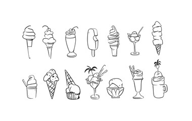 Hand drawn vector abstract cartoon ice creram cone,sundae line art illustration set.Ice cream dessert vector illustration design concept. Sweed food ,ice dessert cute doodle illustration isolated.